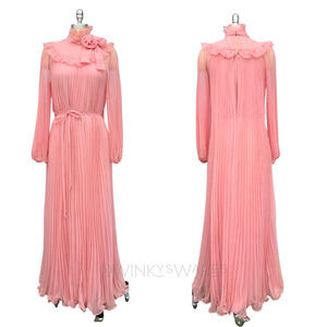 Vintage 70s Pink Pleated Maxi Dress Size M L Chiffon Georgette High Neck Bow